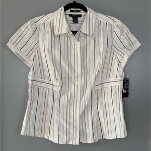 Style & Co Stretch Short Sleeve Baja ll Button Down Dressy Top Golden Stripe 14